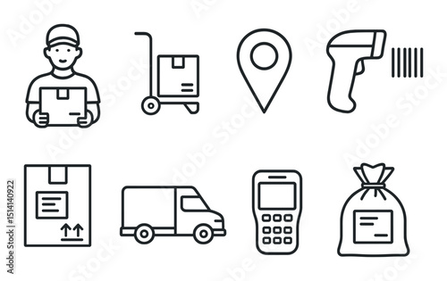 Delivery and logistics outline icons set – shipment, transportation and courier symbols
