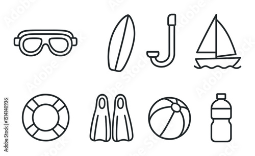 Water activities silhouette icons set – aquatic, recreation and beach symbols