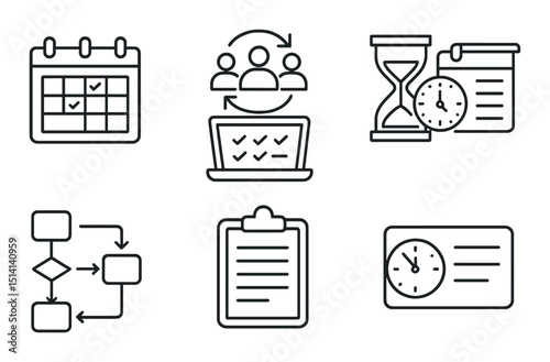 Work schedule silhouette icons set – task management, planning, productivity symbols