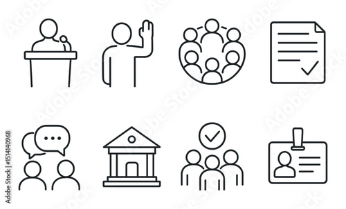 Community meeting line icons set – outline, gathering and discussion symbols