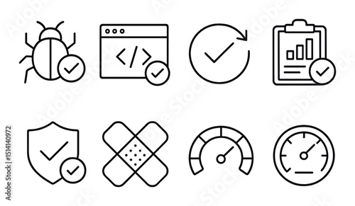 Software and security outline icons set – checks, verification and tech symbols