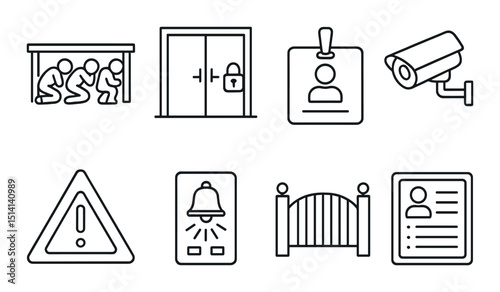 School safety outline icons set – security, protection, emergency symbols
