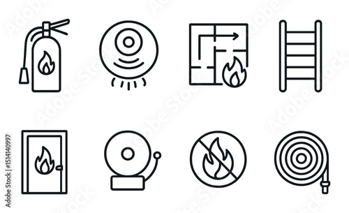 Fire safety linear icons set – outline, emergency and prevention symbols