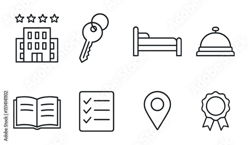Hotel rating linear icons set – outline, hospitality and accommodation symbols