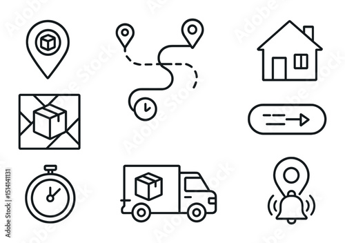 Delivery tracking icons set – silhouette, shipment, logistics, and navigation graphics