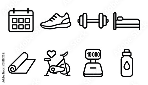 Fitness and exercise linear icons set – workout, gym and health symbols