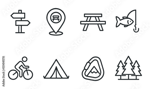 Outdoor adventure icons set – silhouette, camping and nature exploration symbols