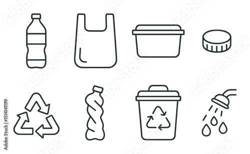 Plastic recycling silhouette icons set – outline, waste management and eco-friendly symbols
