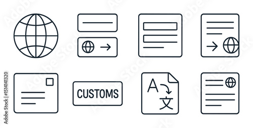 International address line icons set – outline, postal, communication symbols
