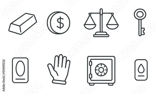 Precious metal line icons set – wealth, currency, and financial symbols for design