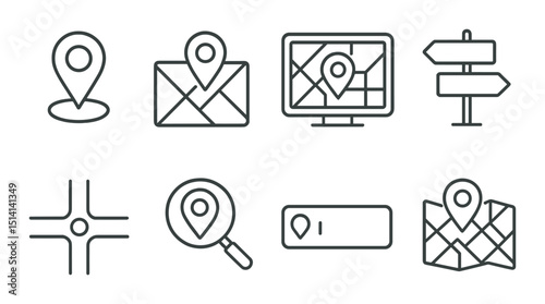 Location mapping linear icons set – outline, navigation and gps symbols