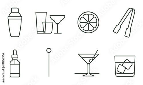 Bar tools outline icons set – cocktail, beverage essentials and drinkware symbols
