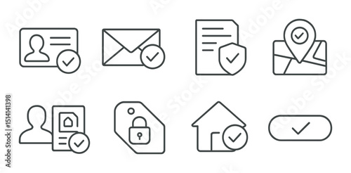 Address verification silhouette icons set – security, authentication, and approval symbols