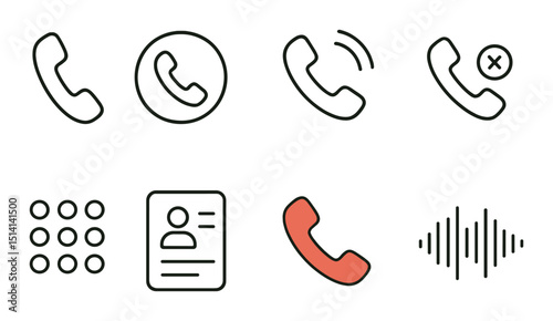 Phone call essentials icons set – line, communication and contact symbols