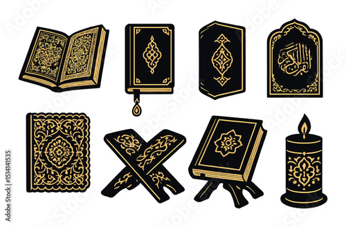 Elegant quran silhouette icons set – islamic, religious and spiritual symbols