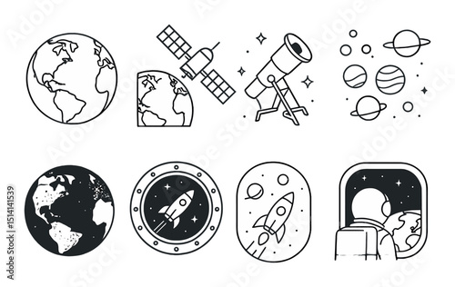 Space exploration outline icons set – galaxy, universe and astronomy symbols