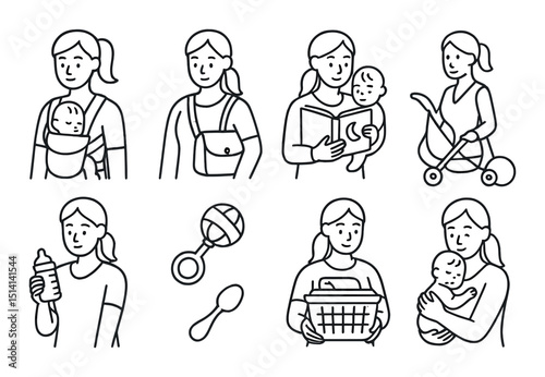 Motherhood essentials icons set – outline, parenting and baby care symbols