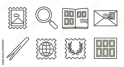Vintage stamp outline icons set – collection, postal and classic design symbols