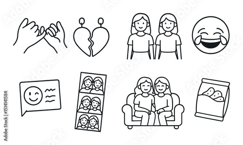 Friendship linear icons set – silhouette, bond and connection symbols