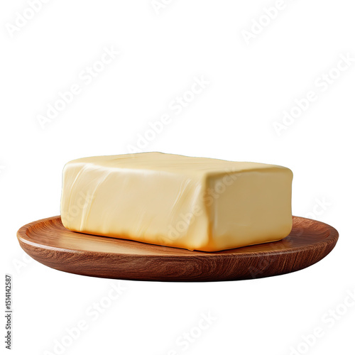 Stick of Butter on Wooden Plate, Transparent Background