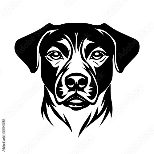 Detailed black and white dog head illustration with focused expression for pet branding or logo use