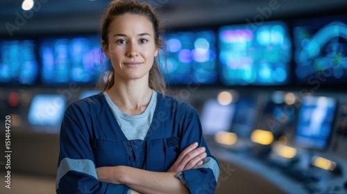 Confident woman in a control room  surrounded by monitors and technology  ready to manage operations and data.