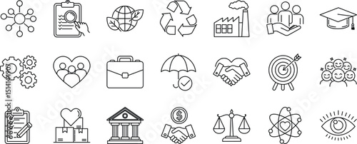 A flat vector illustration of an editable stroke outline icon depicting Corporate Social Responsibility and sustainability, isolated on a white background.