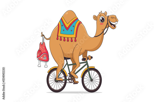 A happy camel pedaling a bike loaded with kurban meat, on a cheerful delivery ride.