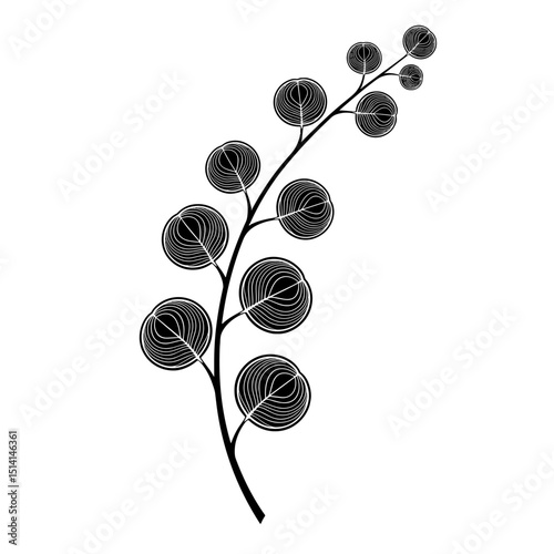 Black floral branch design with circular shapes on white background  