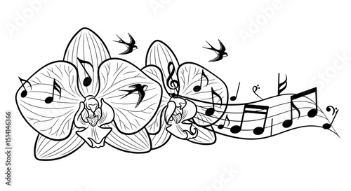 Black and white design featuring orchids and musical notes with birds