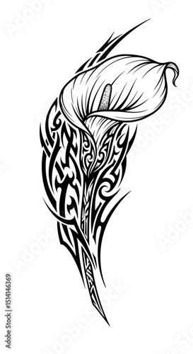 Elegant calla lily tattoo design with intricate tribal patterns  