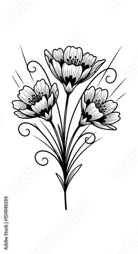 Black and white floral illustration of three stylized flowers  