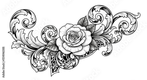 Floral Elegance: A refined depiction of a classic rose surrounded by intricate botanical details, rendered in grayscale for a timeless aesthetic.