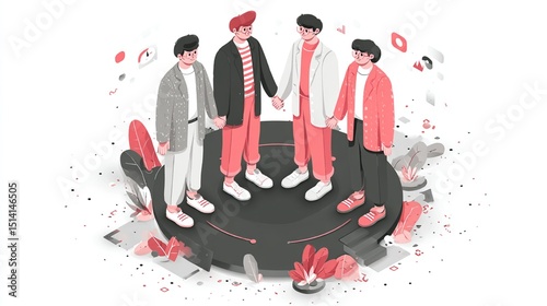 Four young men standing in a circle, holding hands, surrounded by decorative elements