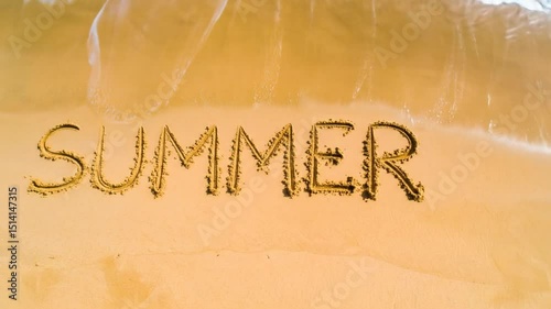 Summer Written in Sand Washed Away by Waves - Beach Holiday Vacation Concept photo