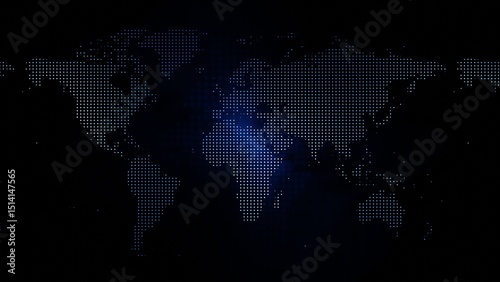 Blue neon dotted world map glowing with futuristic digital design on dark background