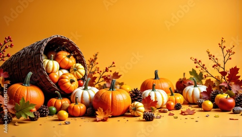 Cornucopia with Mini Pumpkins and Autumn Harvest on Orange Background
