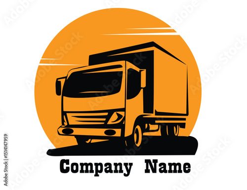 Box truck silhouette in front of an orange circular background, ideal for logistics or delivery branding.