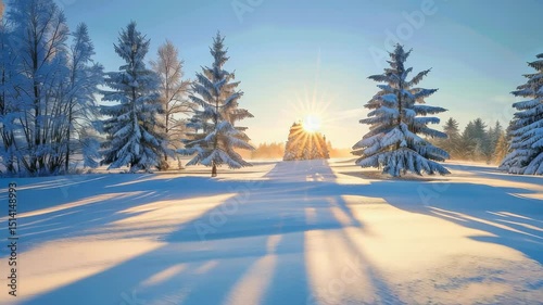 Winter wonderland landscape with sun shining through trees, casting shadows on snow. A serene and peaceful scene evokes a sense of calm and beauty. 