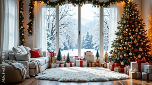 Cozy Christmas Living Room with Snowy Outdoor View