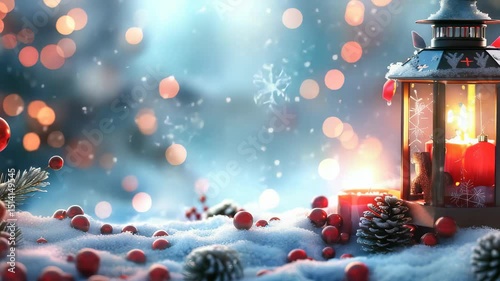 Festive winter scene with a glowing lantern, snow-covered ground, red berries, pinecones, and soft bokeh lights. A cozy and magical holiday ambiance. 