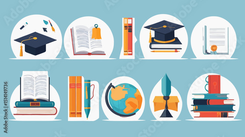 Education Icon Set – Flat Style Vector of Books, Graduation, Charts, and School Supplies