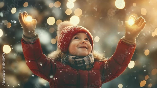 A small child, wearing winter clothes and red hat, reaches for the falling snow with joy and wonder, set against a background of bokeh lights. Innocence & Winter magic