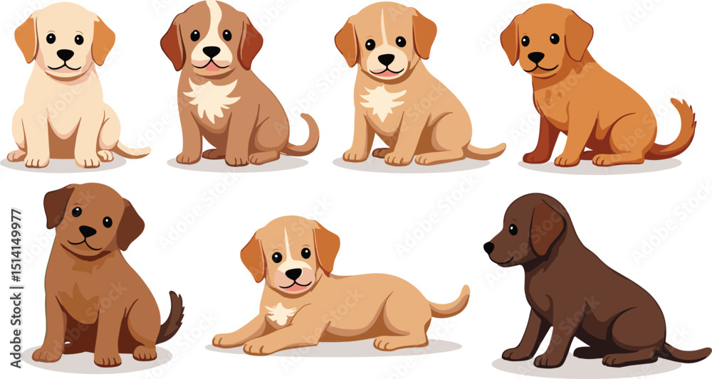 Fototapeta premium A set of cute dog puppy mascot vector clip arts. Playful, friendly designs isolated on transparent background. Perfect for pet themes, kids’ projects, and fun branding.