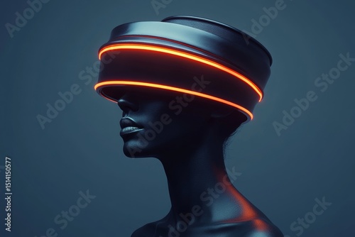 Futuristic Woman in Neon Headwear, Side Profile, Dark Skin, Glowing Lines, Cyberpunk Aesthetic, Blue Background