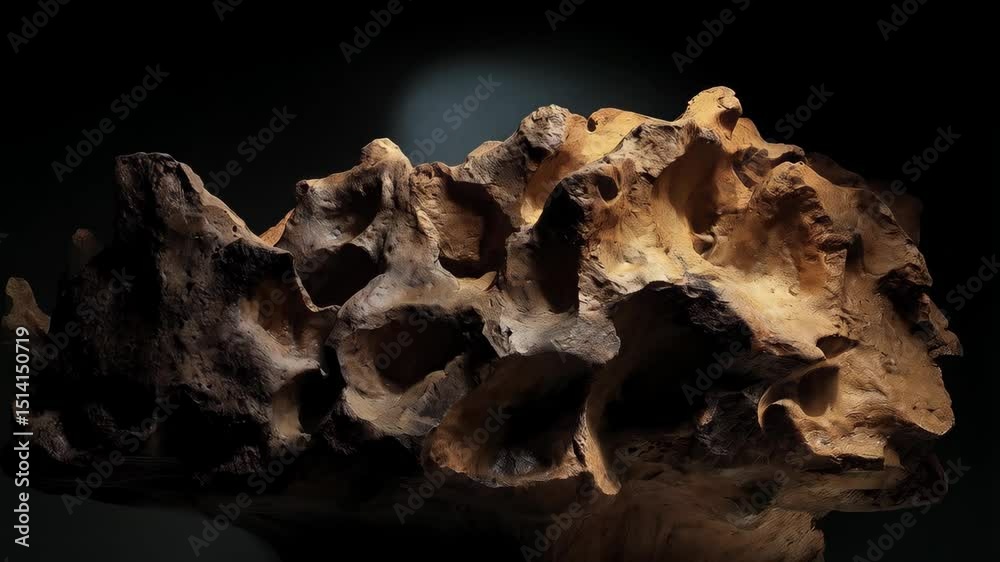 Textured formation with cave-like openings under light, geological structure with porous surface and irregular shapes in dark background
