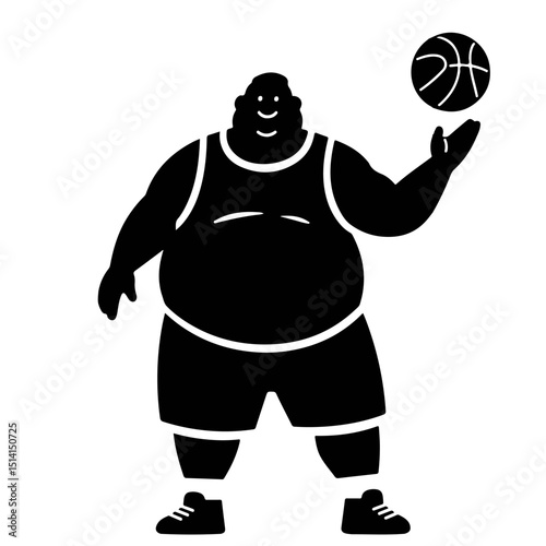 A happy overweight man in basketball shorts holding a ball, illustrated in a simple black silhouette.
