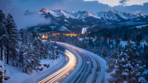 Winter road at dusk. Car light streaks paint the snowy landscape as they wind through a mountain pass beneath snow-capped peaks and twinkling city lights. 