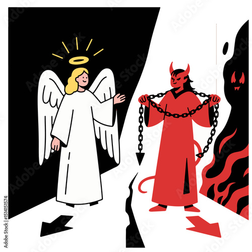 A stylized illustration depicts an angel and a devil offering opposing choices.