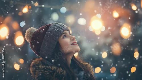 Young girl gazes up at twinkling lights and falling snow, dressed warmly in winter clothes, capturing a magical holiday moment. 